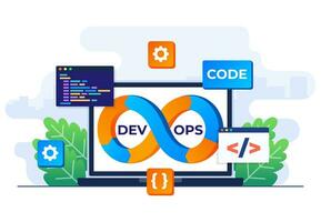 devops concepto plano ilustración vector plantilla, software desarrollo y eso operaciones, firmar de infinito como símbolo software ingeniería, técnico apoyo, automatización proceso