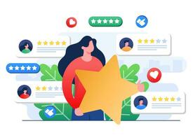 Customers leaving feedbacks to product, service, app, website, Ratings and review concept flat vector illustration, Satisfaction level, User experience, recommendations, Survey, Woman holding star