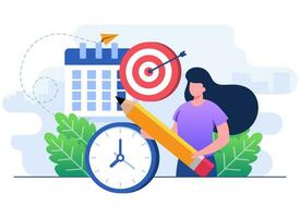 Effective time management flat illustration vector concept, Female character organizing monthly schedule, Planning calendar appointments, Organizing work tasks, daily events, business meetings,