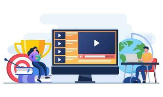 Online education concept flat illustration vector template, Distance education, Seminars and webinar, Online classes on monitor screen,  Online courses and tutorials concept, e-learning