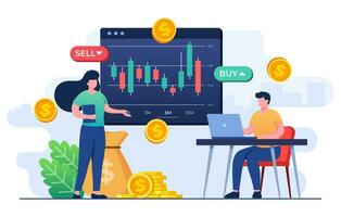 People analyzing candlestick charts and Stock market statistics, Stock trading, Economic growth, Business investment, Stock market trends, Technical analysis strategy, Business profits calculation vector