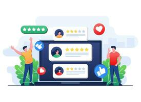 Customer reviews and feedbacks on laptop screen flat illustration, People evaluate product, service, app, website, Satisfaction level and critic concept, User experience vector