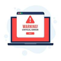 Exclamation point icon on laptop screen, System error, System security warning alert, Cybercrime, Vulnerability, Computer virus, Ransomware, or bug, Critical error, Malware, Technical error, Hack vector