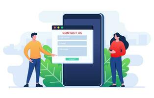 Contact Us form on smartphone screen flat illustration for web banner, mobile app, landing page, business presentation, website banner, Customer support, customer service, online support, help desk vector