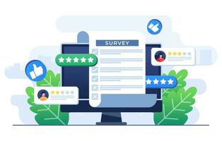 Online survey concept flat illustration vector template, Filling Test in Customer Survey Form, Customer experiences and satisfaction concept for landing page, web banner, mobile app, Web design, ui ux