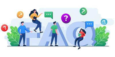 Frequently asked questions concept flat illustration, People standing near letters and asking questions vector