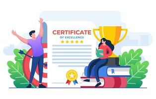 Characters successfully completing course, seminar, tutorial, diploma, academic, exam and getting certificate, University or college test, Prize and appreciation concept, Education, graduation vector