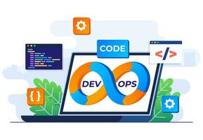 devops concepto plano vector ilustración, software desarrollo y eso operación proceso, técnico apoyo, devops metodología, administración desarrollo operaciones, programador utilizando devops método