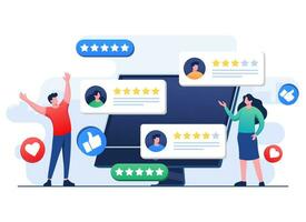 Happy customers leaving positive feedbacks to product, service, app, website, Ratings and review concept flat vector illustration, Satisfaction level, User experience, recommendations, Survey