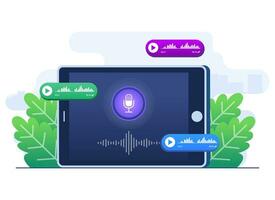 Voice control application on the tablet screen, Voice message, Voice recognition, Online voice assistance concept flat illustration vector template