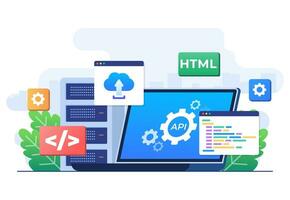 Application Programming Interface concept, API provides the interface for communication between applications, Software development tool, Internet and networking, simplifying application integration vector