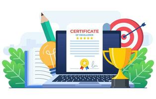 Certificate concept flat illustration vector template, Award, Prize and appreciation concept, Online education, training course, E-learning, Digital certificate program, Remote and distance study