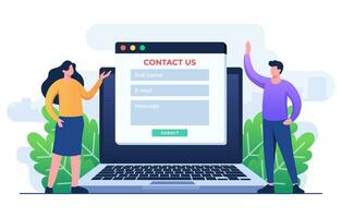 Contact Us form on laptop screen flat illustration for web banner, mobile app, landing page, business presentation, website banner, Customer support, customer service, online support, help desk vector