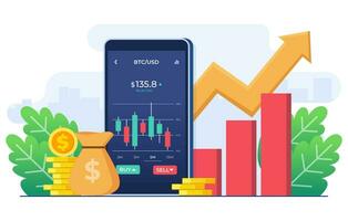 Stock trading, Financial app, Analyzing economic growth, Business investment, Strategy, Stock market statistics, Stock market trends, Technical analysis strategy, Business profits calculation vector