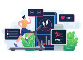 Man character running on a treadmill, Fitness tracker mobile app flat illustration vector template, Smart working, Training, Sports exercises, Monitoring heart rate in fitness app on a smartphone