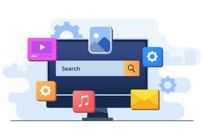Search engine optimization concept flat illustration vector template, SEO growth, Browser search window on the computer screen with a magnifier