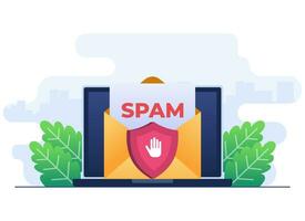 Spamming mailbox concept flat illustration vector template, Spam warning, Laptop with envelope and document, Warning, Security,