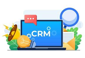 CRM, Customer Relationship Management concept flat vector illustration template for website banner, Organization of data on work with clients, Company Strategy Planning, Business Data Analysis