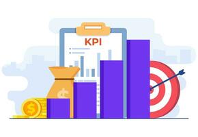 KPI, Key performance indicators business technical concept flat vector illustration, Performance evaluation and dynamics on dashboard, Strategy, Data Report, Efficient workflow, Business intelligence