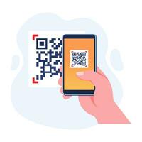 Hand holding mobile phone in the process of scanning QR code concept flat illustration vector template, Digital scanner app on screen for payment or identification, Convenient links