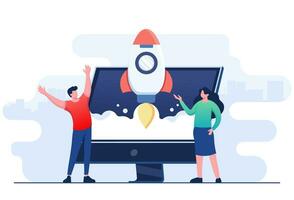 Businesspeople successfully launches rocket, Startup business concept flat illustration vector template, New idea, product, project, Innovation, and creativity concept for landing page, web banner