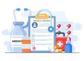 Medical checkup concept flat illustration vector template, Healthcare checkup, Hospital clinical test result paper, patient prescription data record information, diagnostic checklist service