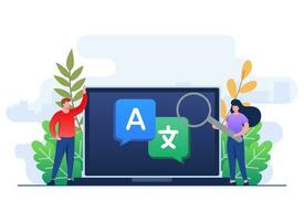 Translation concept flat illustration vector template, Translate languages, Online translator mobile application on tablet, People translating languages