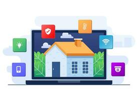 Smart home application concept flat illustration, Home automation, Controlling house devices using laptop, Remote home control technology, house technology system with wireless centralized control vector