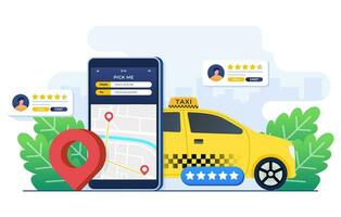 en línea Taxi concepto plano ilustración, Taxi Servicio solicitud en teléfono inteligente pantalla, alquilar y compartir auto, remoto vehículo intercambio, navegación alfiler, teléfono inteligente con ruta y puntos ubicación en ciudad mapa vector