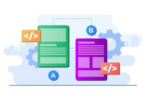 AB testing concept flat illustration vector template for website banner, Comparison split wireframe application on display smartphone, compare test result between 2 page of website design