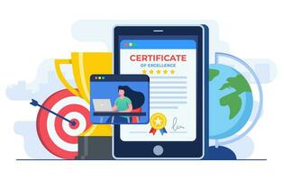 Certificate concept flat illustration vector template, Award, Prize and appreciation concept, Online education, training course, E-learning, Digital certificate program, Remote and distance study