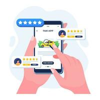 Hand holding smartphone with online taxi service application on screen, Rent and share car, Remote vehicle sharing, Navigation pin, Find a taxi driver online, Booking taxi vector