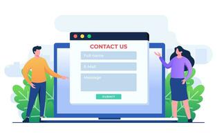 Contact Us form on laptop screen flat illustration for web banner, mobile app, landing page, business presentation, website banner, Customer support, customer service, online support, help desk vector