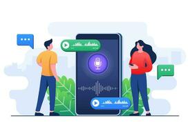 People use voice control application on the smartphone, Voice message, Voice recognition, Online voice assistance concept flat illustration vector template