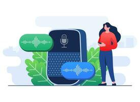 inteligente voz asistente plano ilustración vector plantilla, hembra personaje controlar hogar iot sistema mediante inalámbrico comandos en Altavoces y micrófono, virtual asistente, voz reconocimiento