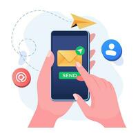 Envelope on hand holding smartphone screen, Online communication, Send email, Digital chat concept flat illustration vector template for web banner, landing page, infographic