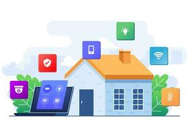 Smart home application concept flat illustration, Home automation, Controlling house devices using laptop, Remote home control technology, house technology system with wireless centralized control vector