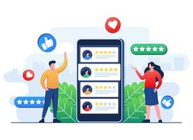 Customers leaving rating stars to application, website, product or service, Client feedbacks and reviews evaluation, User satisfaction level concept flat illustration vector template