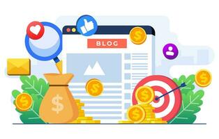 Blog monetization concept flat illustration vector template, Making money online, Website monetization, Analyzing blog content and generating income with ad placements and sponsor partnerships