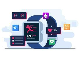 smartwatch healthcare concept flat illustration, Monitoring heart rate in smartwatch, Workout, Fitness and health concept, Fitness app, wrist-worn device vector