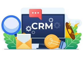 crm, cliente relación administración concepto plano vector ilustración modelo para sitio web bandera, organización de datos en trabajo con clientela, empresa estrategia planificación, negocio datos análisis