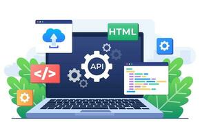 Application Programming Interface concept, API provides the interface for communication between applications, Software development tool, Internet and networking, simplifying application integration vector