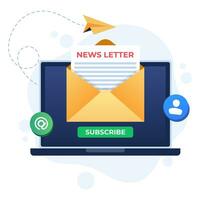 Subscribe to newsletter concept flat illustration vector template, Open envelope with document on laptop screen, Email marketing concept for landing page, website banner, infographic, mobile app