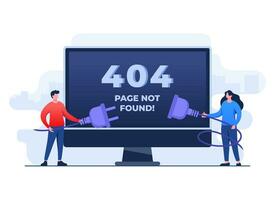 404 error, sistema error, roto página, personas molesto a conectar desconectado alambres desde el salida, cable y enchufe, página no encontró concepto plano ilustración vector modelo para web diseño, sitio web