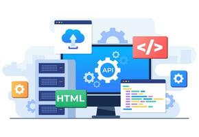 Application Programming Interface concept, API provides the interface for communication between applications, Software development tool, Internet and networking, simplifying application integration vector