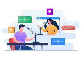 Radio host interviewing a guest virtually, Video conference, People talking to microphones and recording podcast, Live online interview concept flat illustration vector template