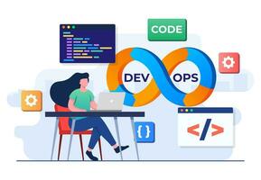 Programmer practice of development and software operations, DevOps Methodology, Technical support, Automation process, Software development and it operations concept flat illustration vector template