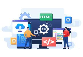 solicitud programación interfaz concepto, api proporciona el interfaz para comunicación Entre aplicaciones, software desarrollo herramienta, Internet y redes, simplificando solicitud integración vector