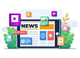 Online news mobile application flat illustration vector template, Online news article, News webpage, Online mass media on tablet screen, Internet newsletter