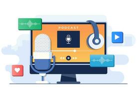 Listen to podcast on computer screen flat illustration vector template, Recording webinar, tutorial, online course, podcast, Radio host workplace, Broadcasting podcast online, Online communication